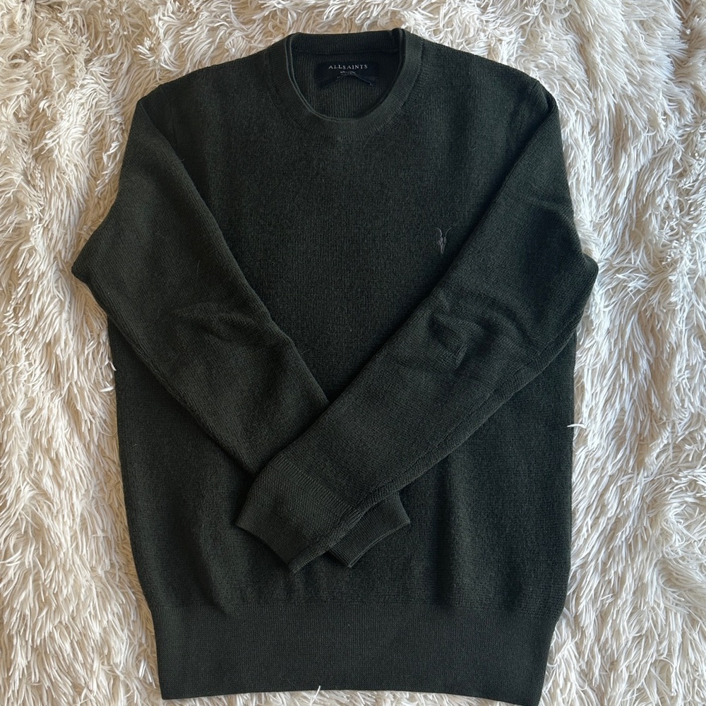 All Saints Men's Dark Green Crewneck Sweater